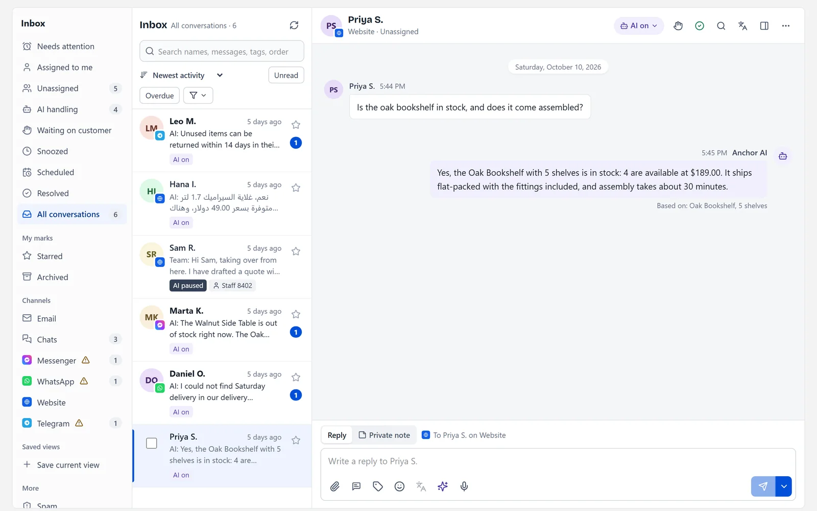 A customer conversation in the Anchor inbox with an answer and the product record it came from