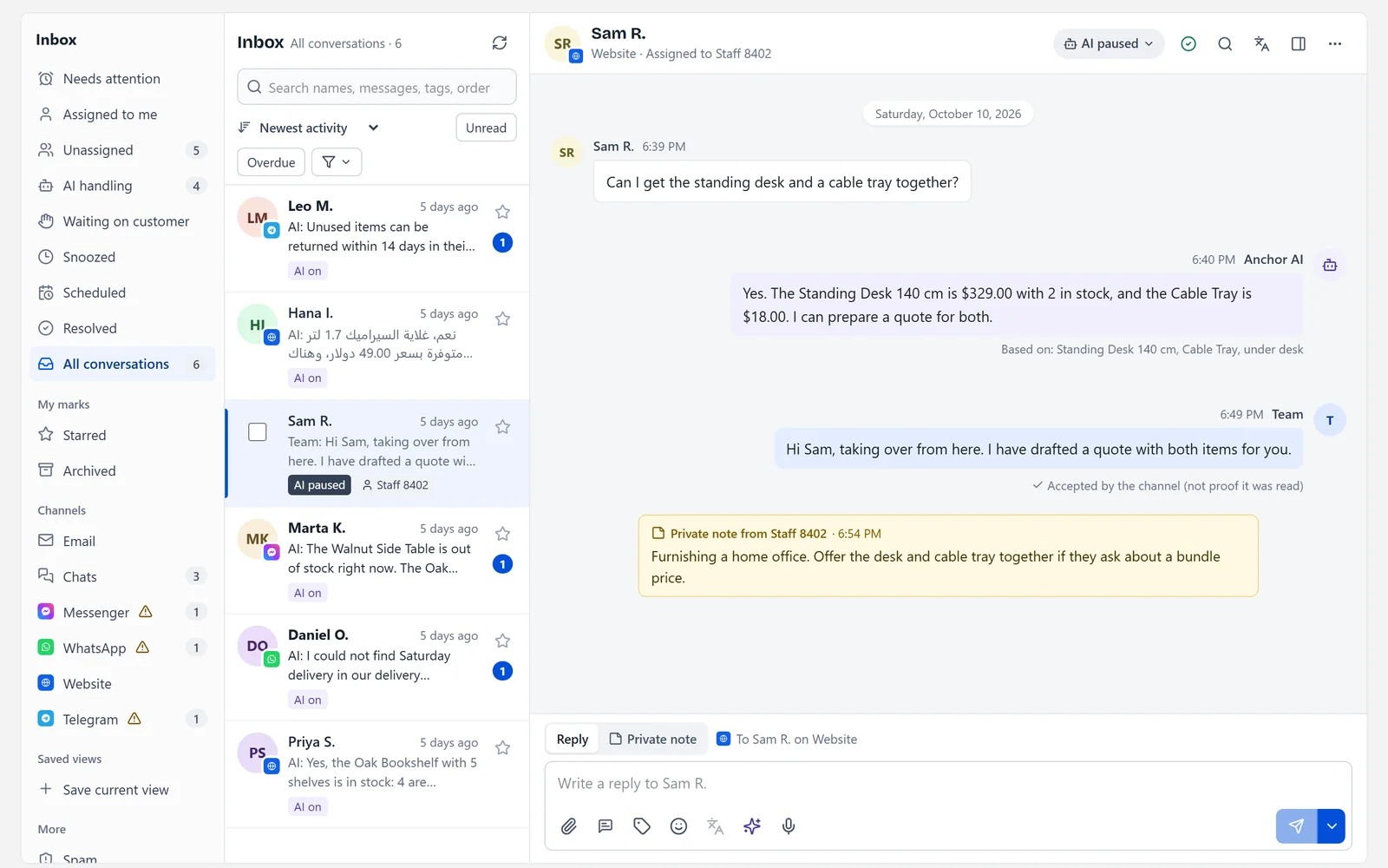 The Anchor inbox with conversations from several channels and a team member taking over one of them